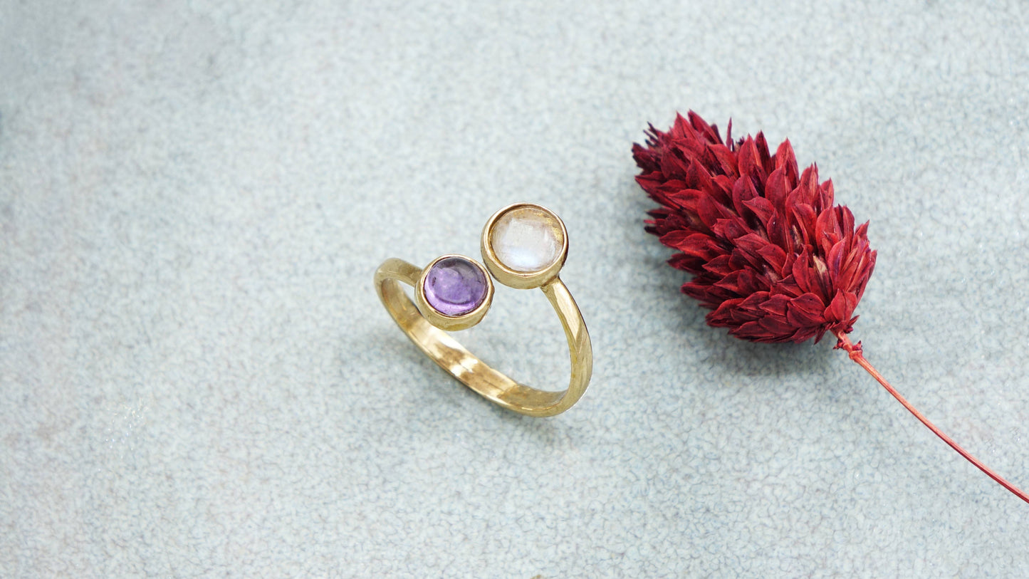 Amethyst and Moonstone Crystal Stone Ring