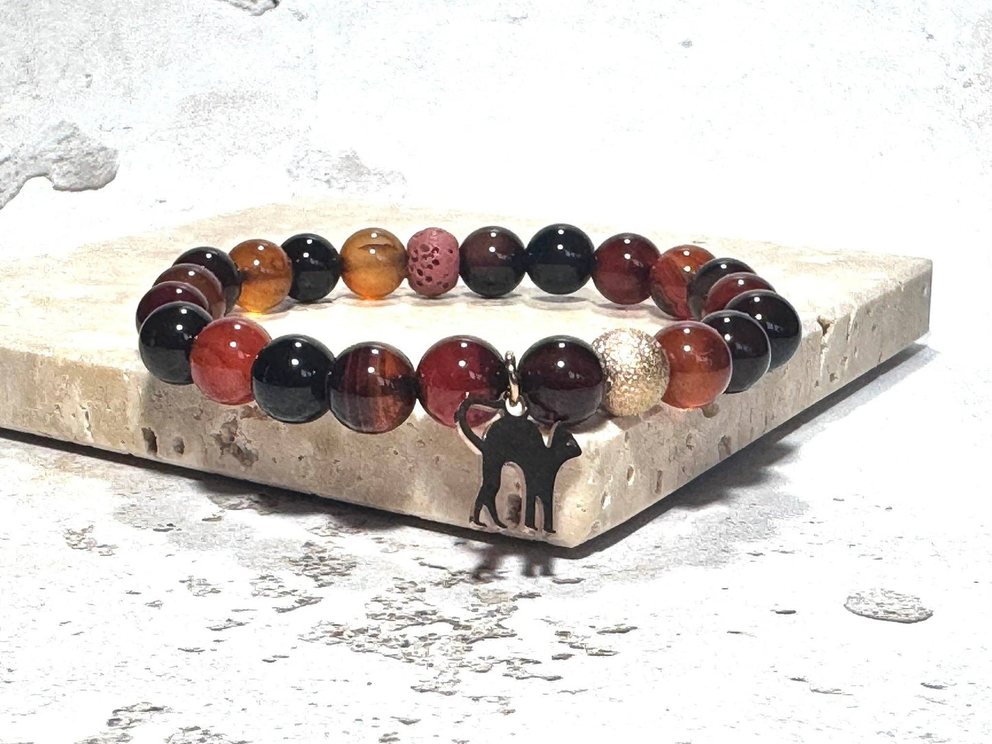 Dark Orange Agate Gemstone Bracelet, Rose Gold Cat Charm &amp, Lava Stone 6.5 Inch Medium