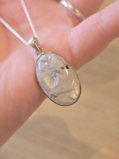 Rainbow Moonstone Sterling Silver Pendant & Chain  - 6.5g