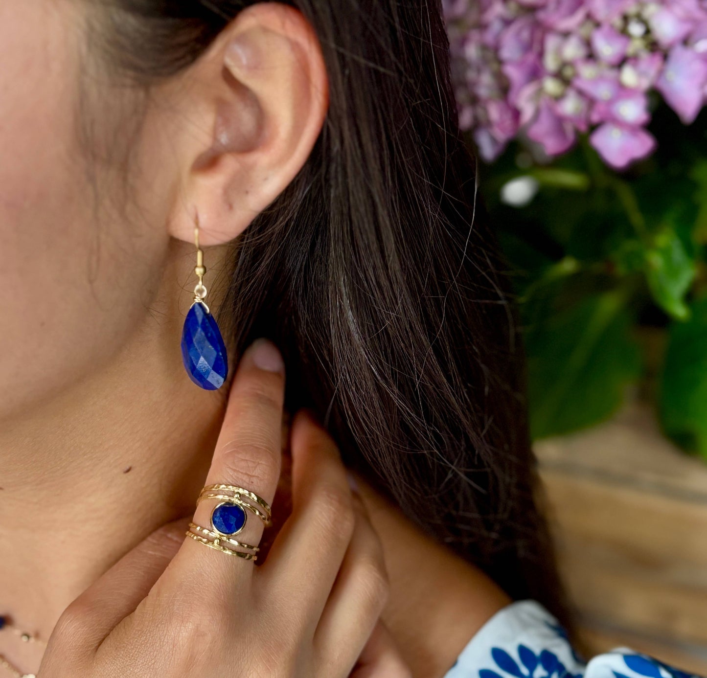 18ct Gold Plated Adjustable Lapis Lazuli Double Band Ring  