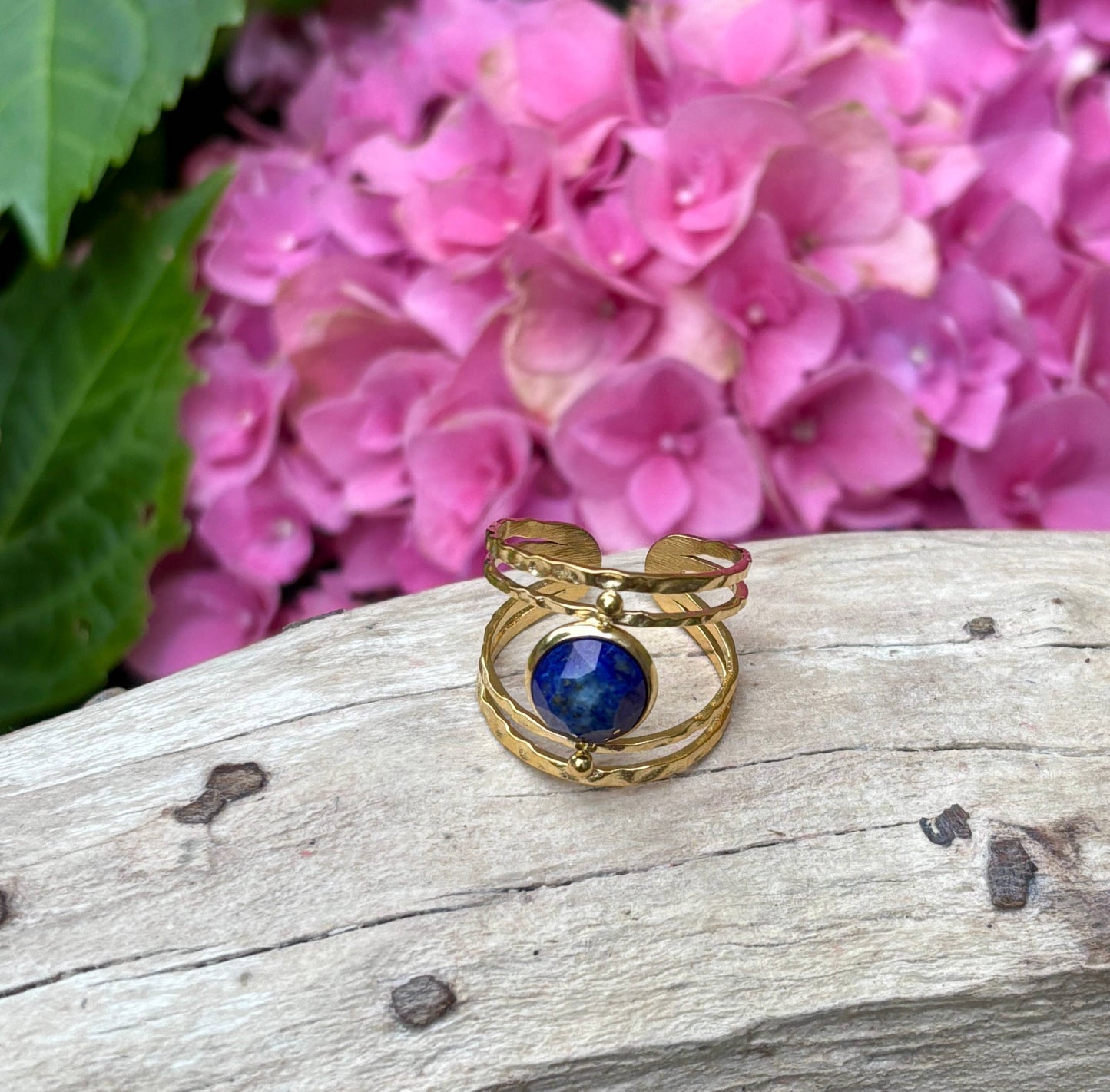 18ct Gold Plated Adjustable Lapis Lazuli Double Band Ring  