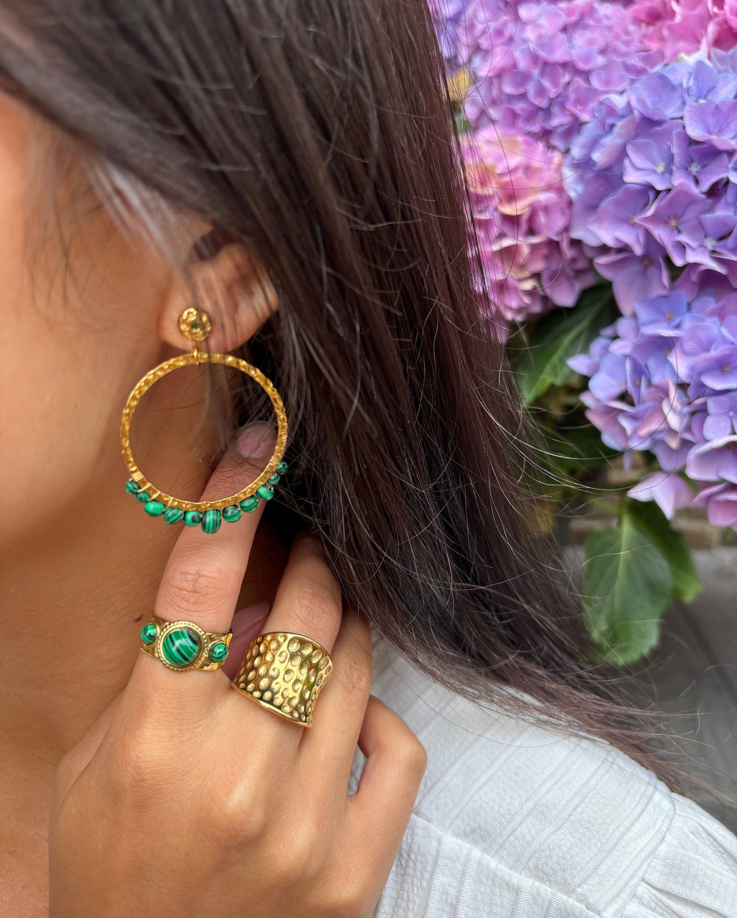 18ct Gold Plated Malachite Triple Stone Ring