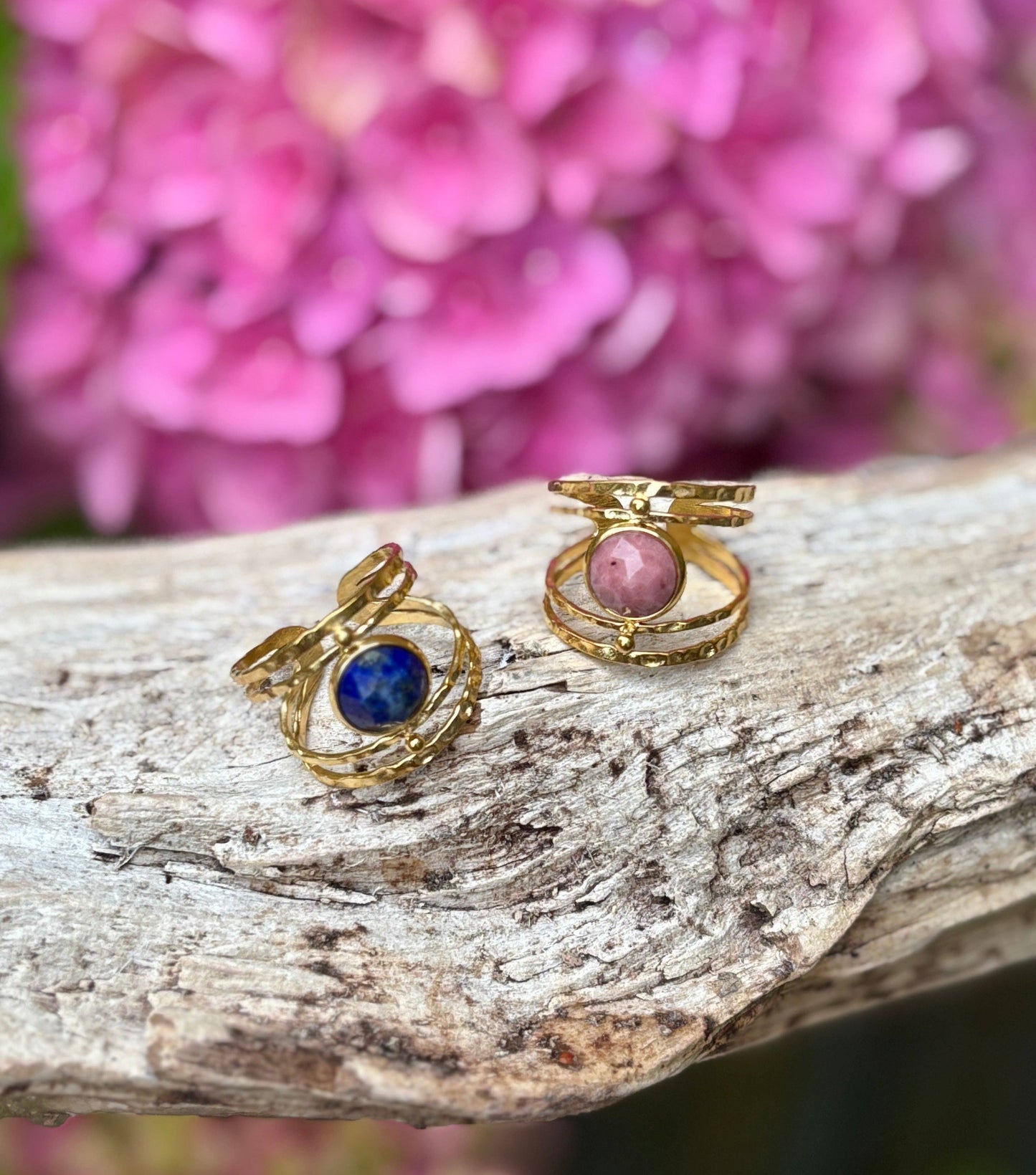 18ct Gold Plated Adjustable Nature Stone Double Band Ring  : Lapis Lazuli