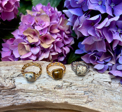 18ct Gold Plated Square Dalmatian Jasper Ring
