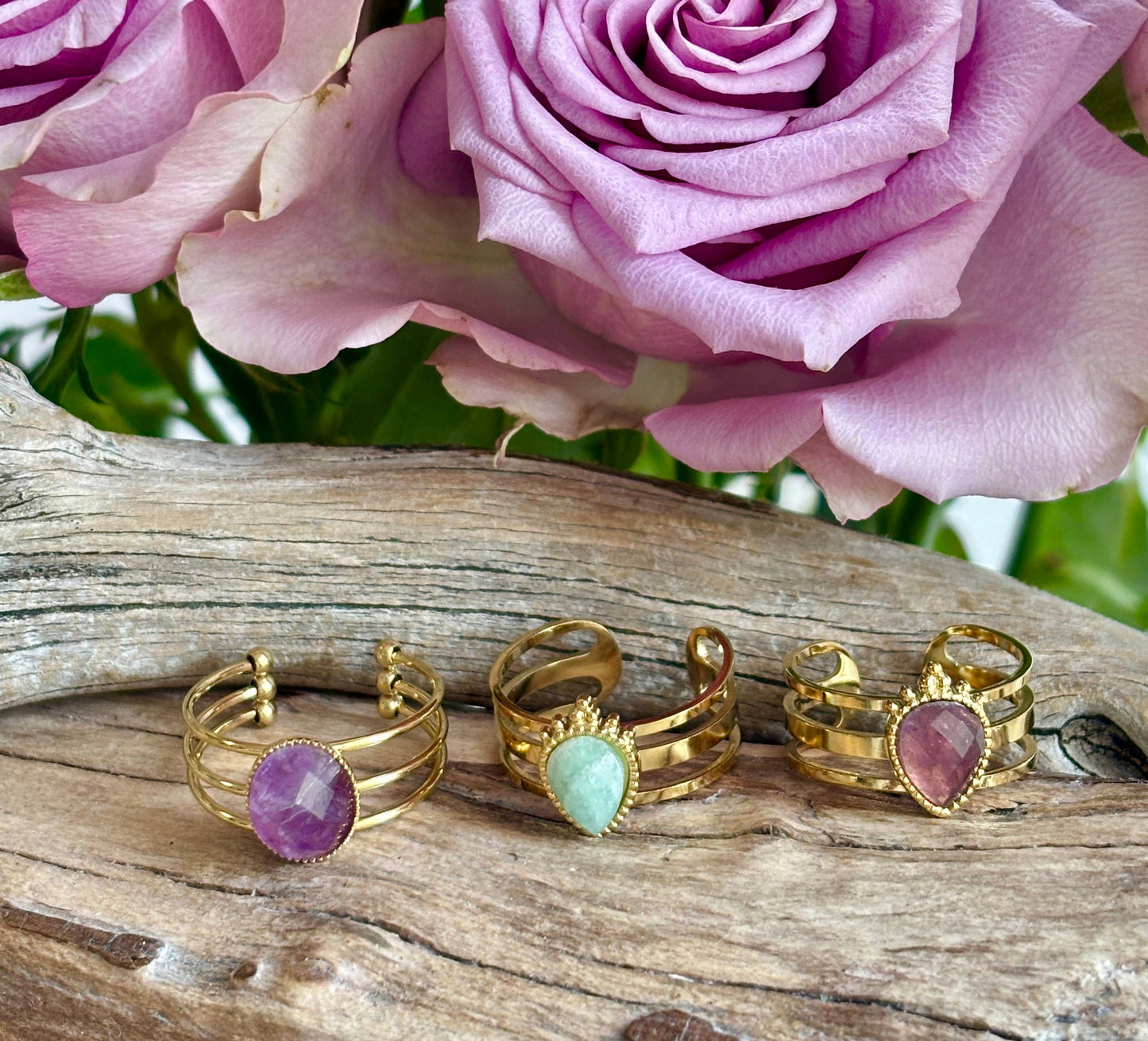 18ct Gold Plated Amazonite Drop Triple Band Ring    