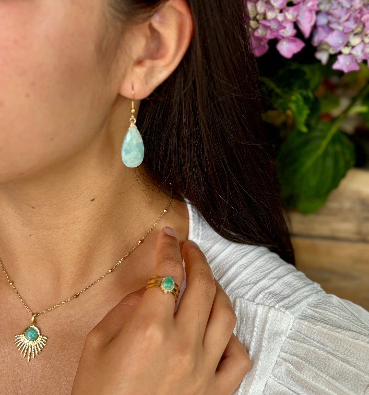 18ct Gold Plated Amazonite Drop Triple Band Ring    