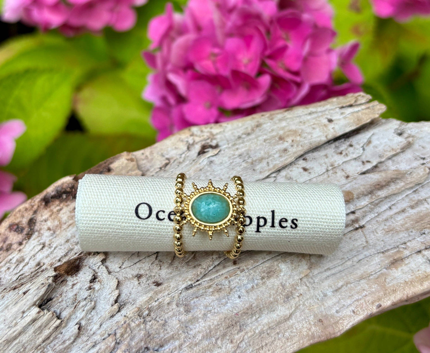 18ct Gold Plated Natural Stone Sun Ring: Amazonite