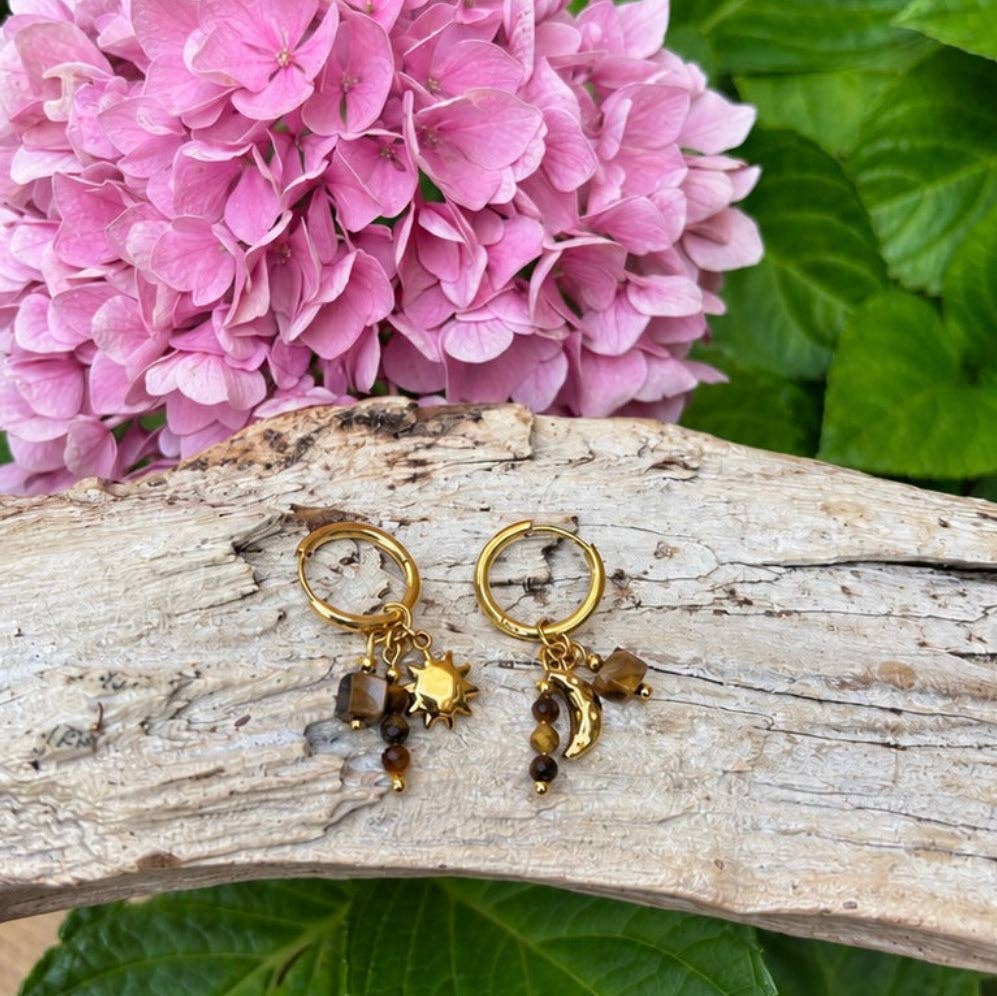 18ct Gold Plated Tiger's Eye Charm Huggie Earrings