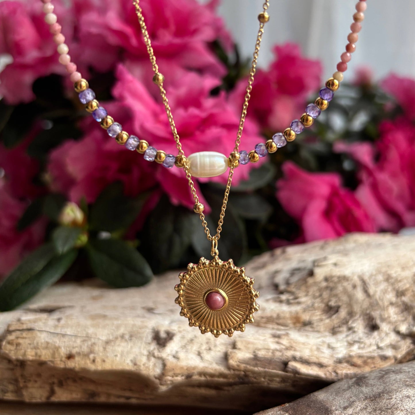 18ct Gold Plated Rhodochrosite Sun Pendant Necklace   