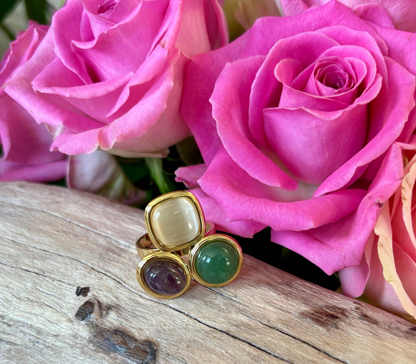18ct Gold Plated Adjustable Triple Stone Ring   