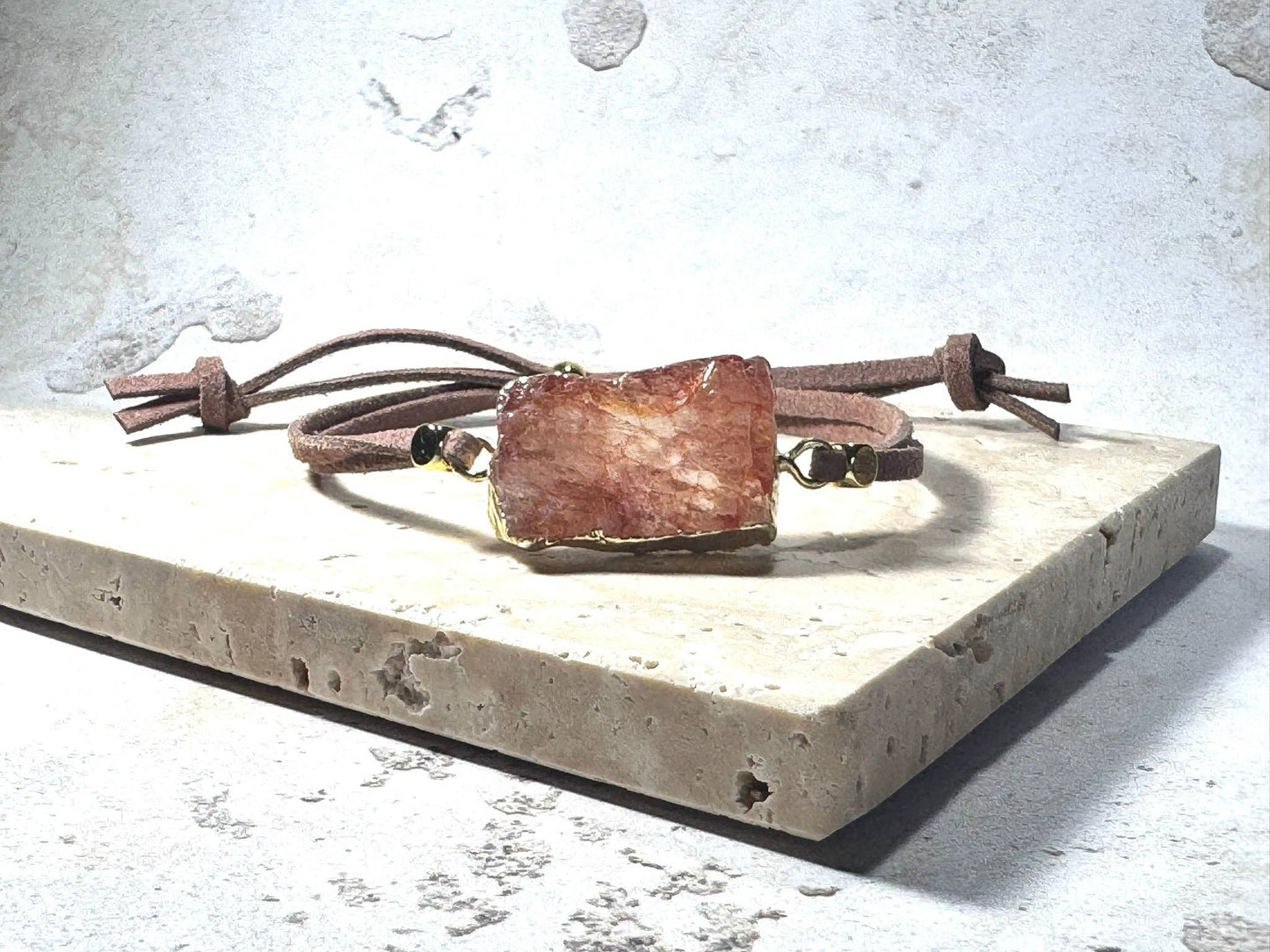 Natural Sunstone Bracelet – Gold-Wrapped Crystal on Adjustable Faux Suede | Handmade in the UK