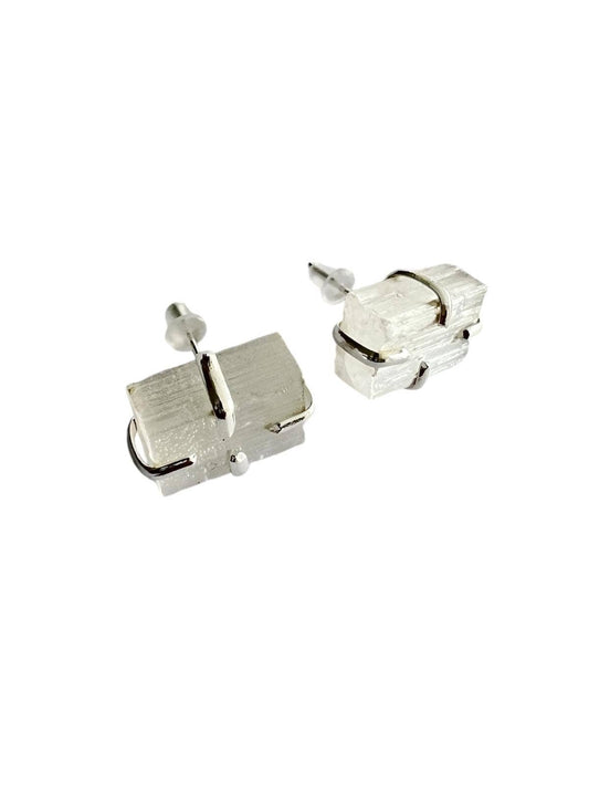 Selenite Crystal Stud Earrings – Silver Plated