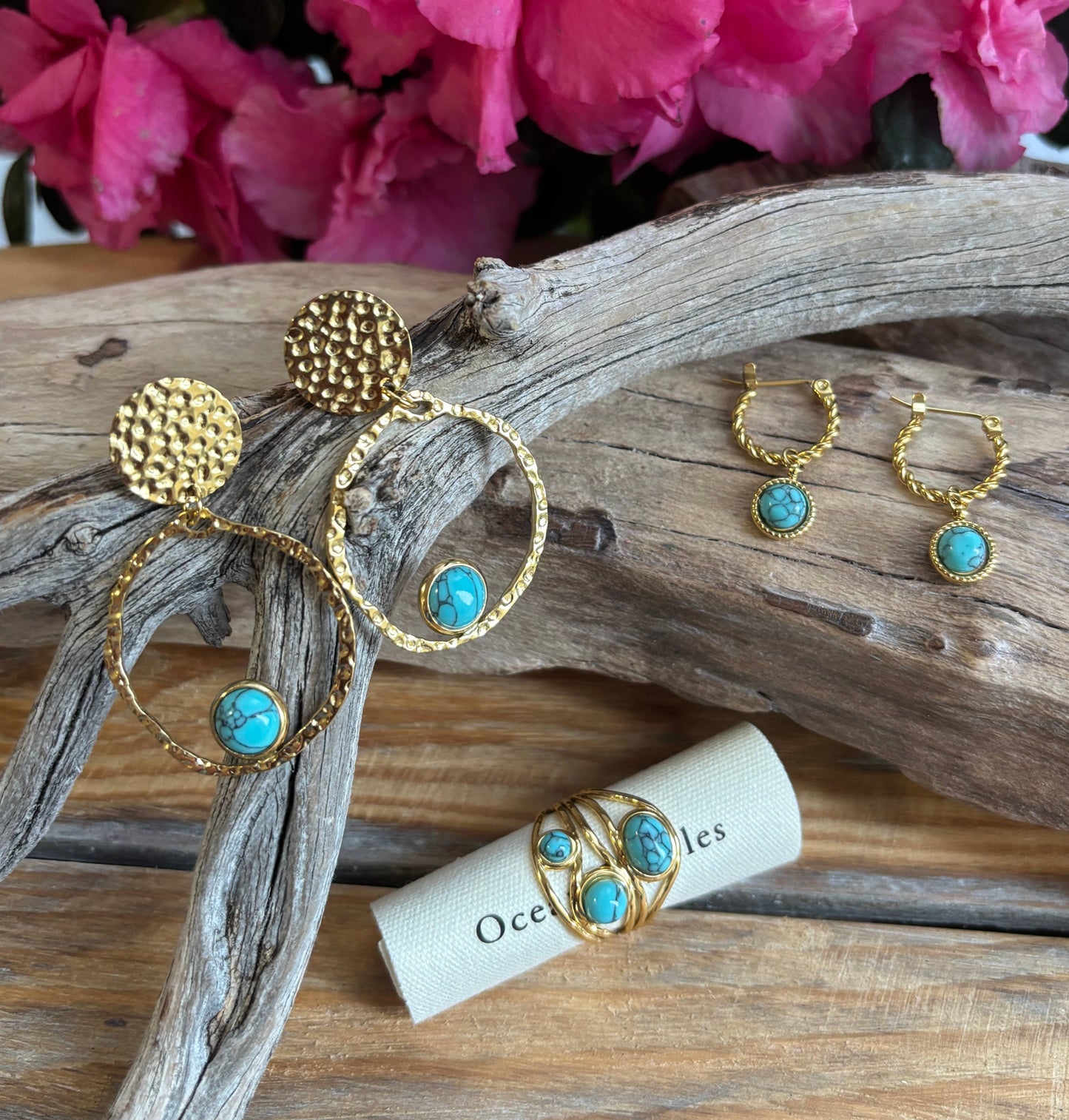 18ct Gold Plated Turquoise Multi Band Adjustable Ring 