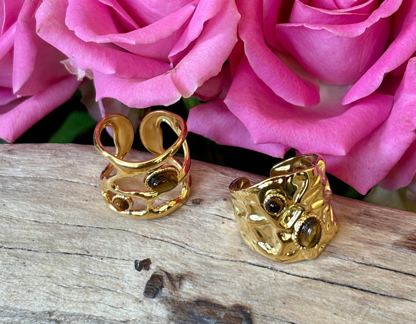 18ct Gold Plated Adjustable Tiger's Eye Hammered Ring    