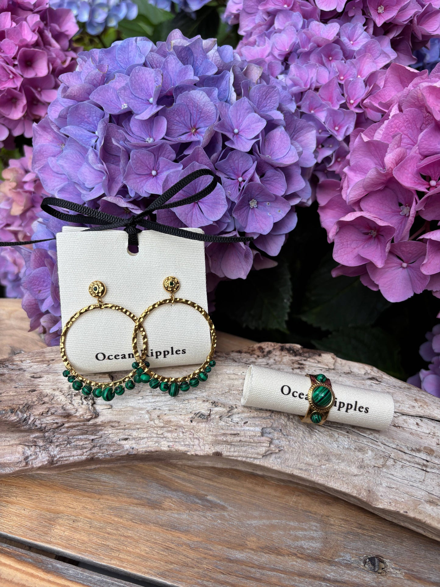 18ct Gold Plated Malachite Triple Stone Ring