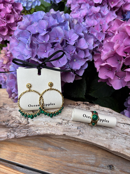 18ct Gold Plated Malachite Triple Stone Ring