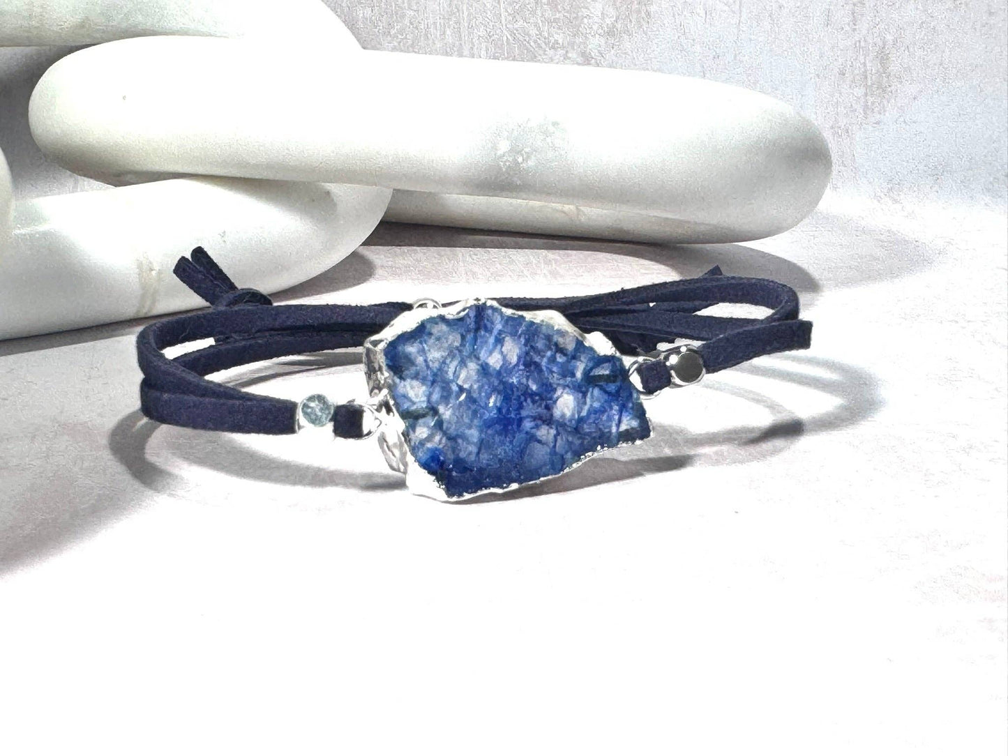 Black Agate Soft Navy Suede Bracelet