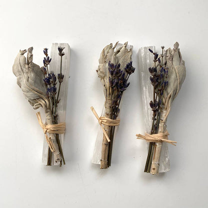 Mini Smudge Cluster, White Sage, Lavender & Selenite Wand 4"