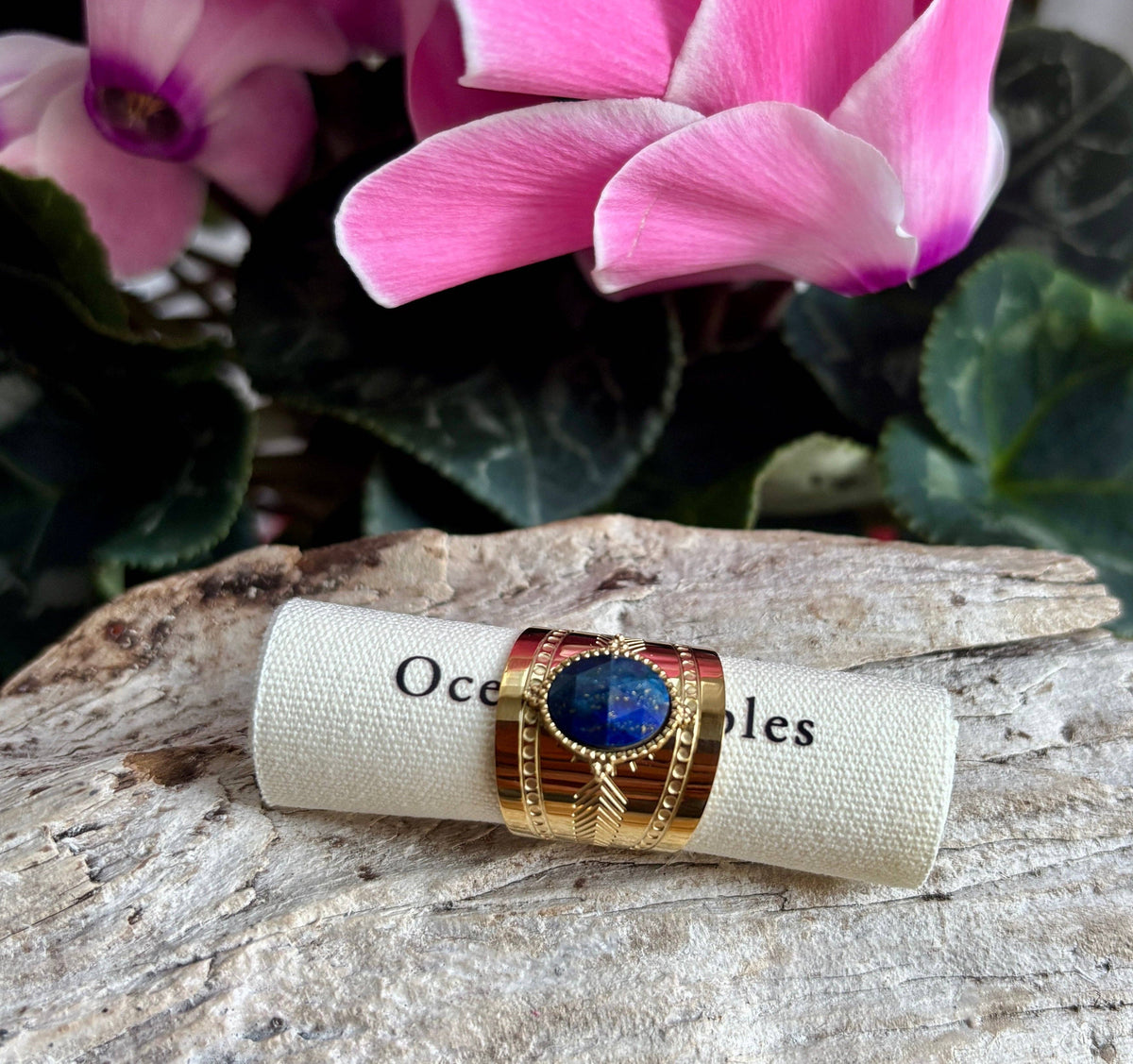 18ct Gold Plated Faceted Natural Stone Wide Band Ring -Amazonite