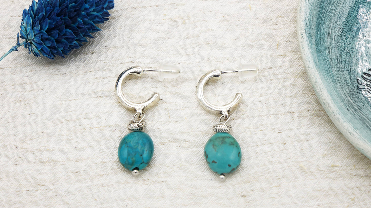 Boho Turquoise Dangle Earrings - Silver Embellishment