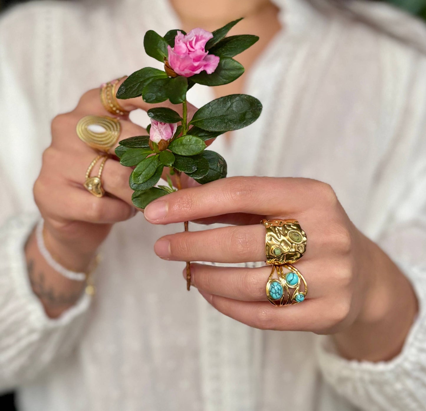 18ct Gold Plated Turquoise Multi Band Adjustable Ring 