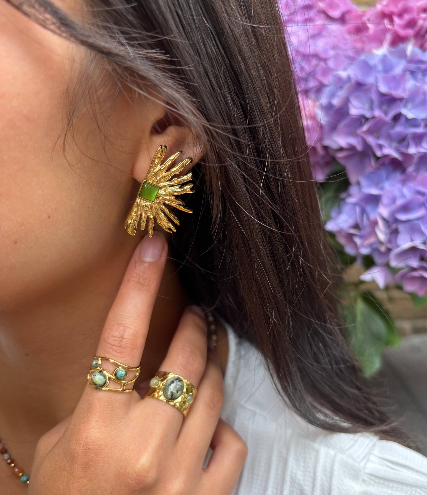 18ct Gold Plated Agate Fan Earrings: Green