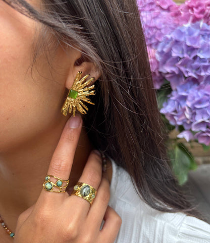 18ct Gold Plated Agate Fan Earrings: Green