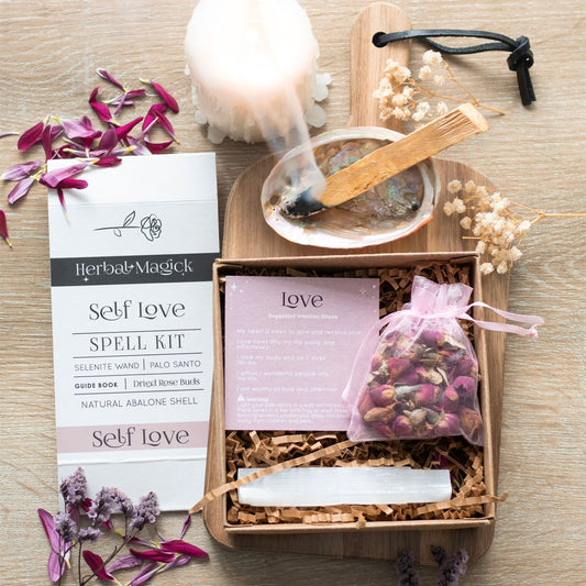 Self Love Spell Kit with Guide Book, Abalone Shell, Rose Petals, Palo Santo Wood Stick and Selenite