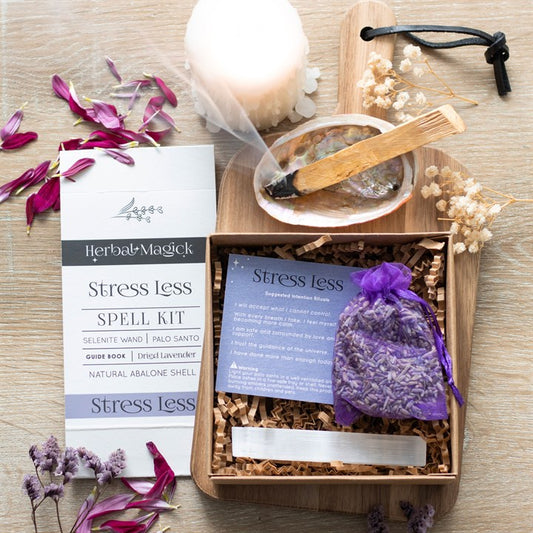 Stress Less Spell Kit with Guide Book, Abalone Shell, Lavender Leaves, Palo Santo Wood Stick and Selenite Crystal Wand