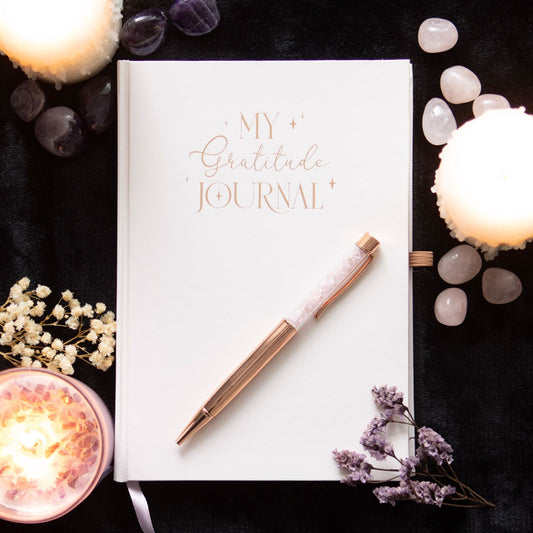 A5 Gratitude Journal Notebook with Rose Quartz Pen