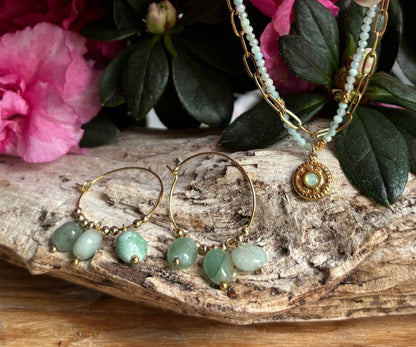 18ct Gold Plated Green Aventurine Cluster Hoop Earrings