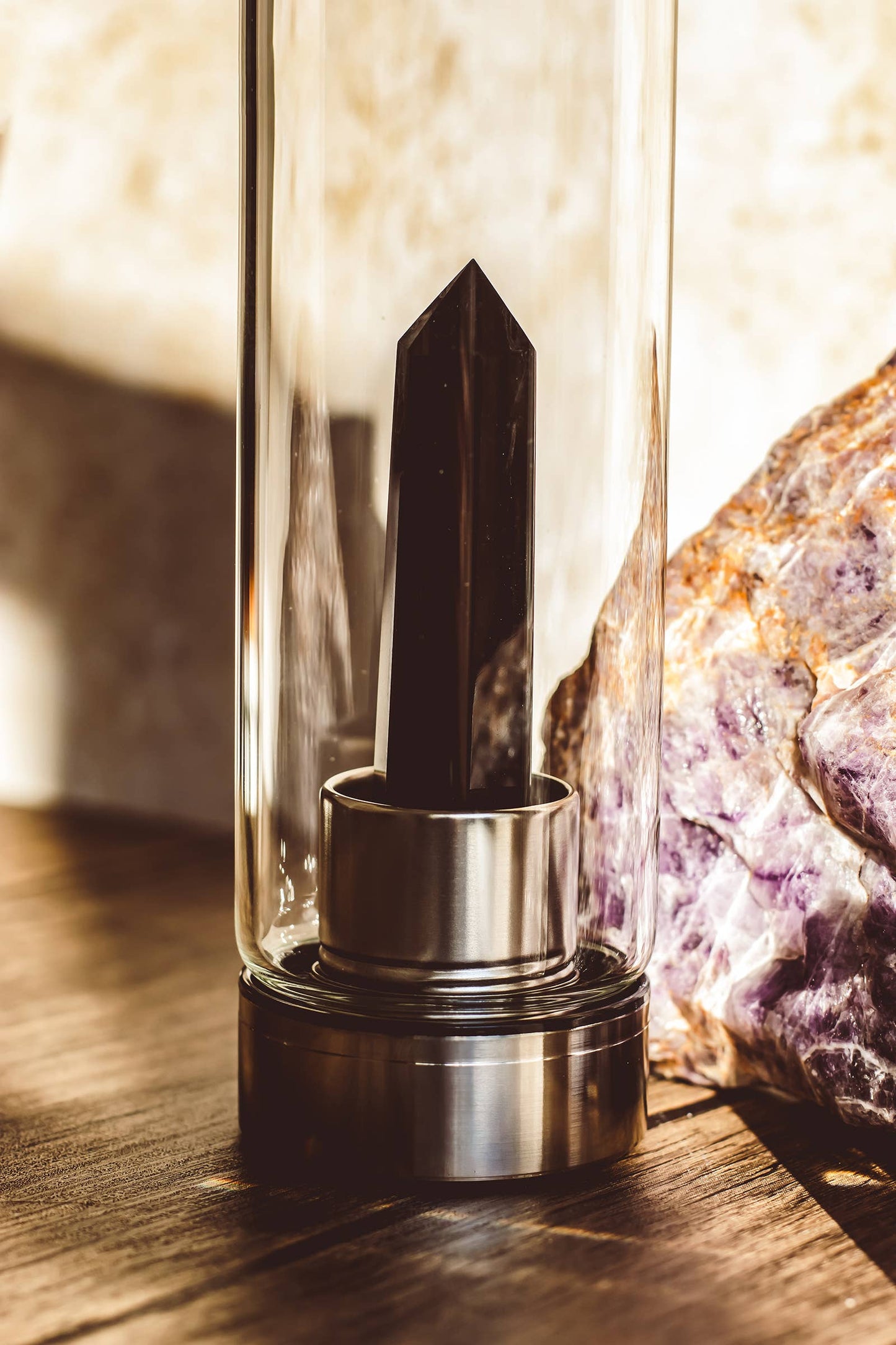 Crystal Infused Glass Water Bottle, Black Obsidian