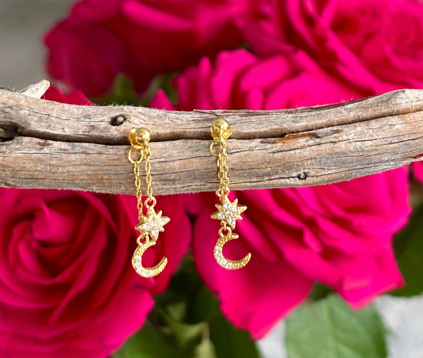 Vermeil - 18ct Gold Plated Star and Moon Dangle Earrings  