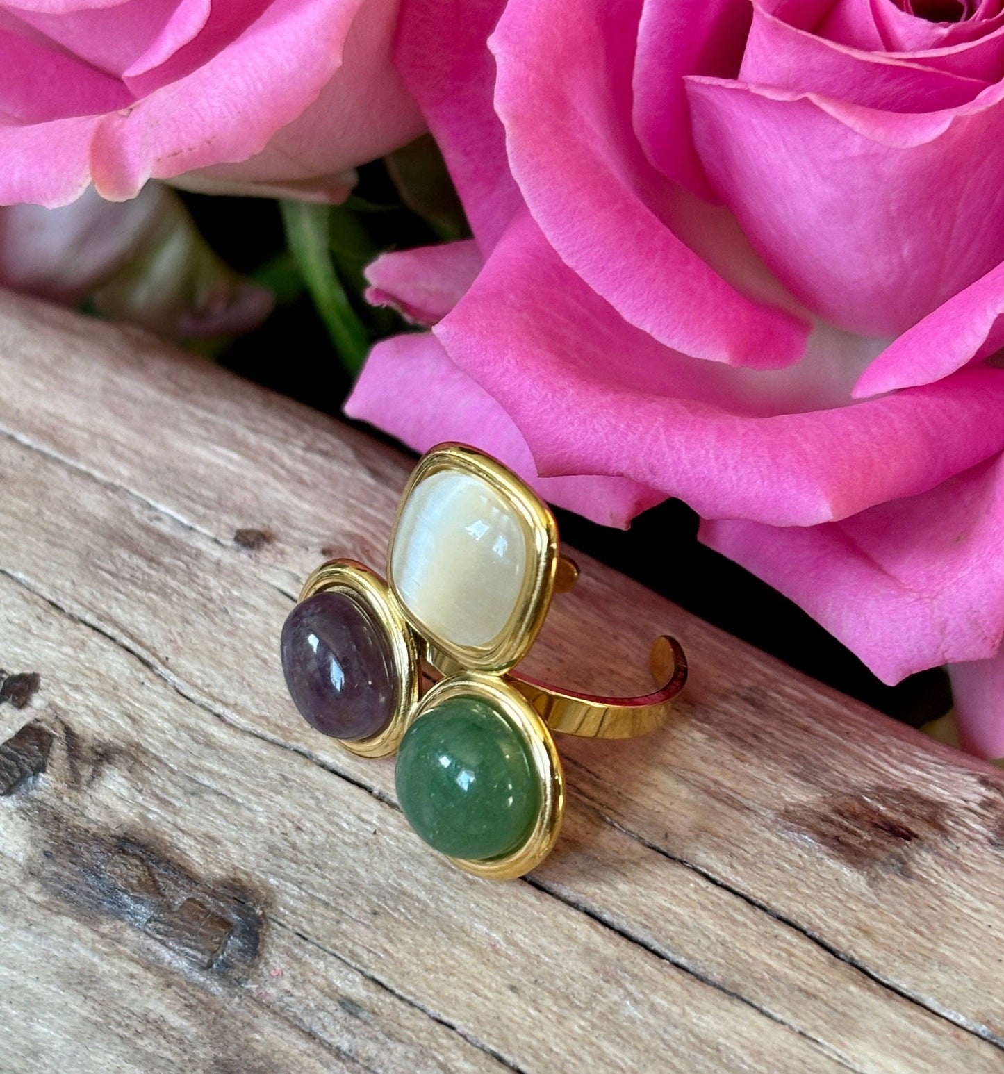 18ct Gold Plated Adjustable Triple Natural Stone Ring   
