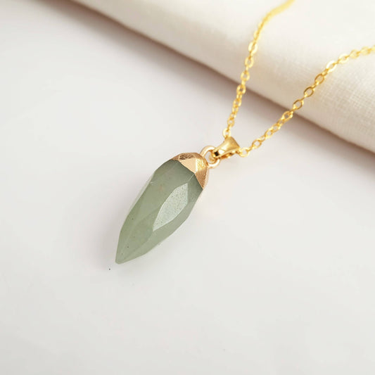 Aventurine Gemstone Crystal Spike Gold Necklace Pendant: 16 - 18 inches
