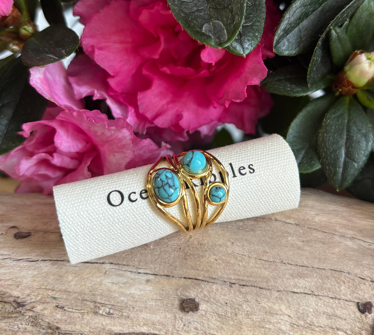 18ct Gold Plated Turquoise Multi Band Adjustable Ring 