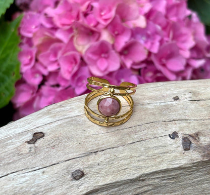 18ct Gold Plated Adjustable Nature Stone Double Band Ring  : Rhodochrosite