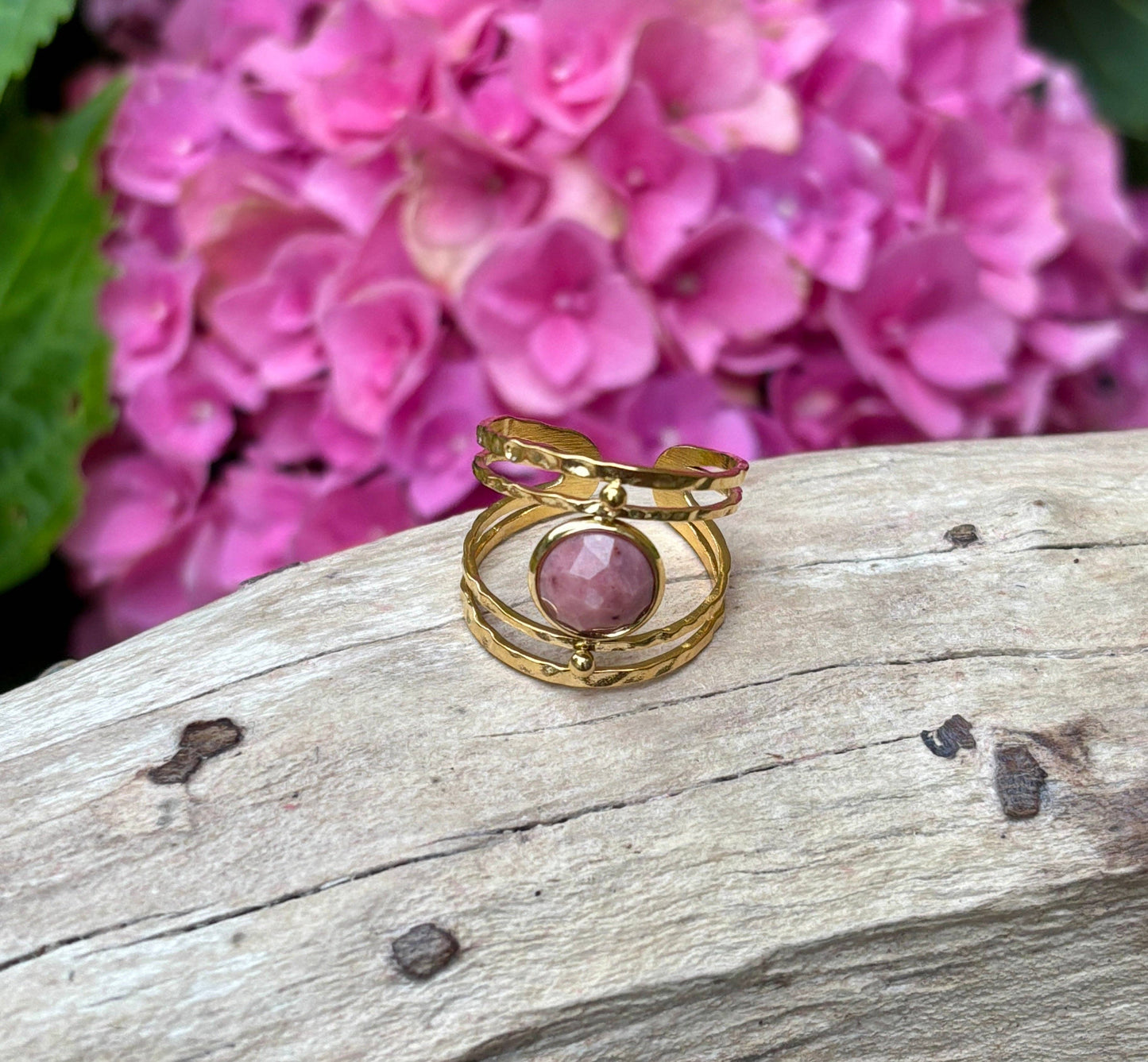 18ct Gold Plated Adjustable Nature Stone Double Band Ring  : Lapis Lazuli