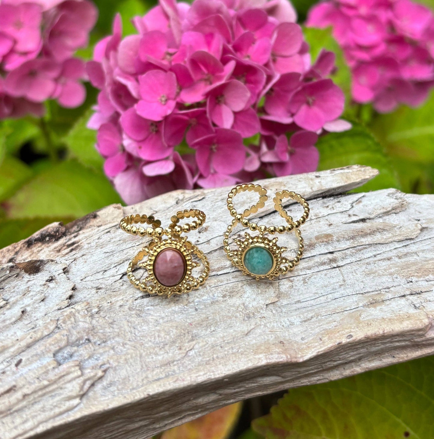 18ct Gold Plated Natural Stone Sun Ring: Rhodochrosite