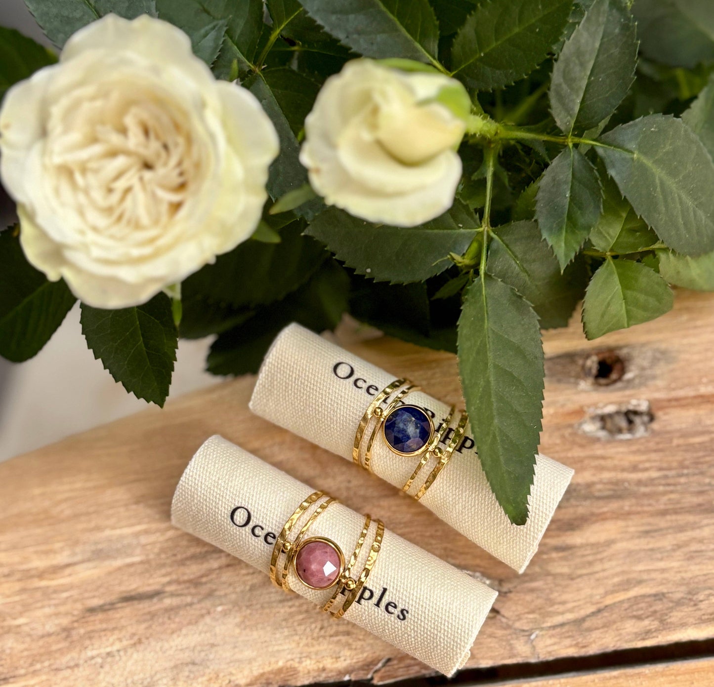 18ct Gold Plated Adjustable Nature Stone Double Band Ring  : Rhodochrosite