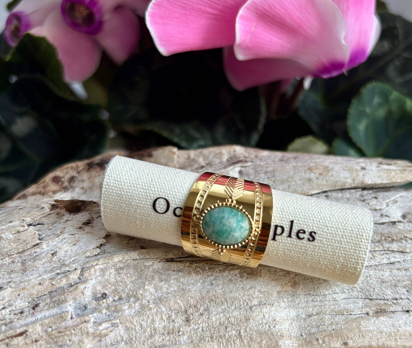 18ct Gold Plated Faceted Natural Stone Wide Band Ring -Amazonite