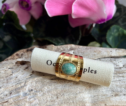 18ct Gold Plated Faceted Natural Stone Wide Band Ring -Amazonite