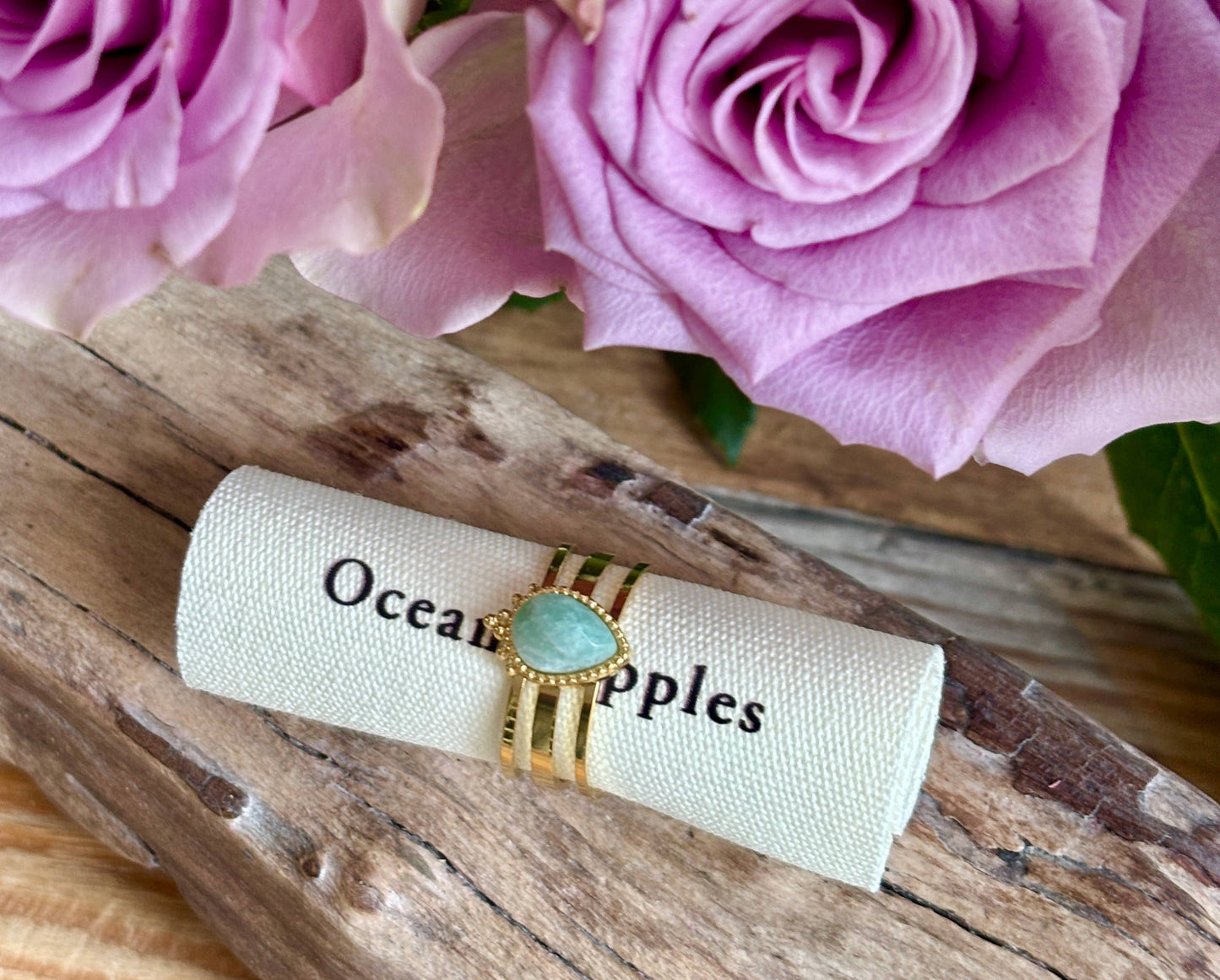 18ct Gold Plated Amazonite Drop Triple Band Ring    