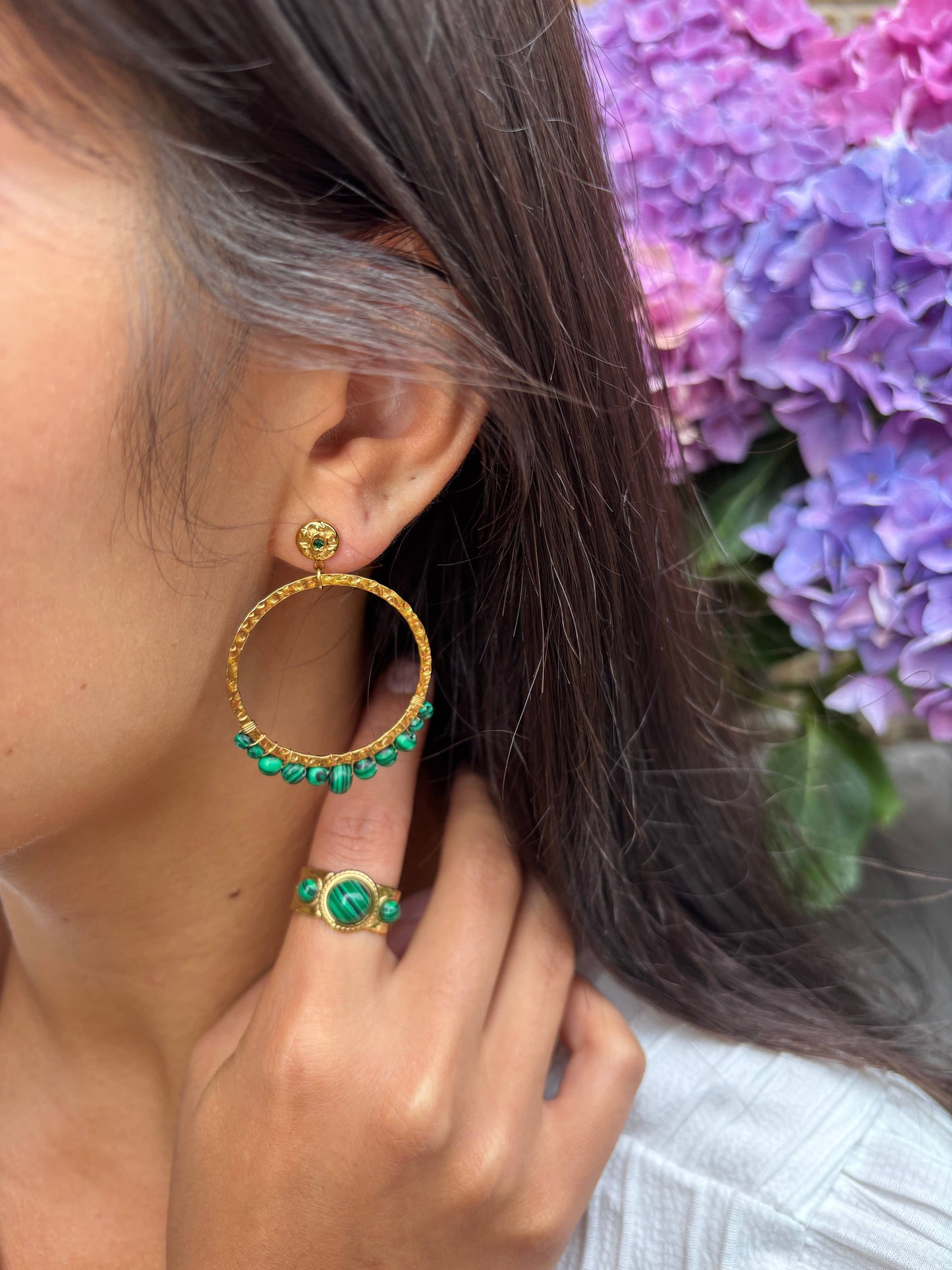 18ct Gold Plated Malachite Triple Stone Ring