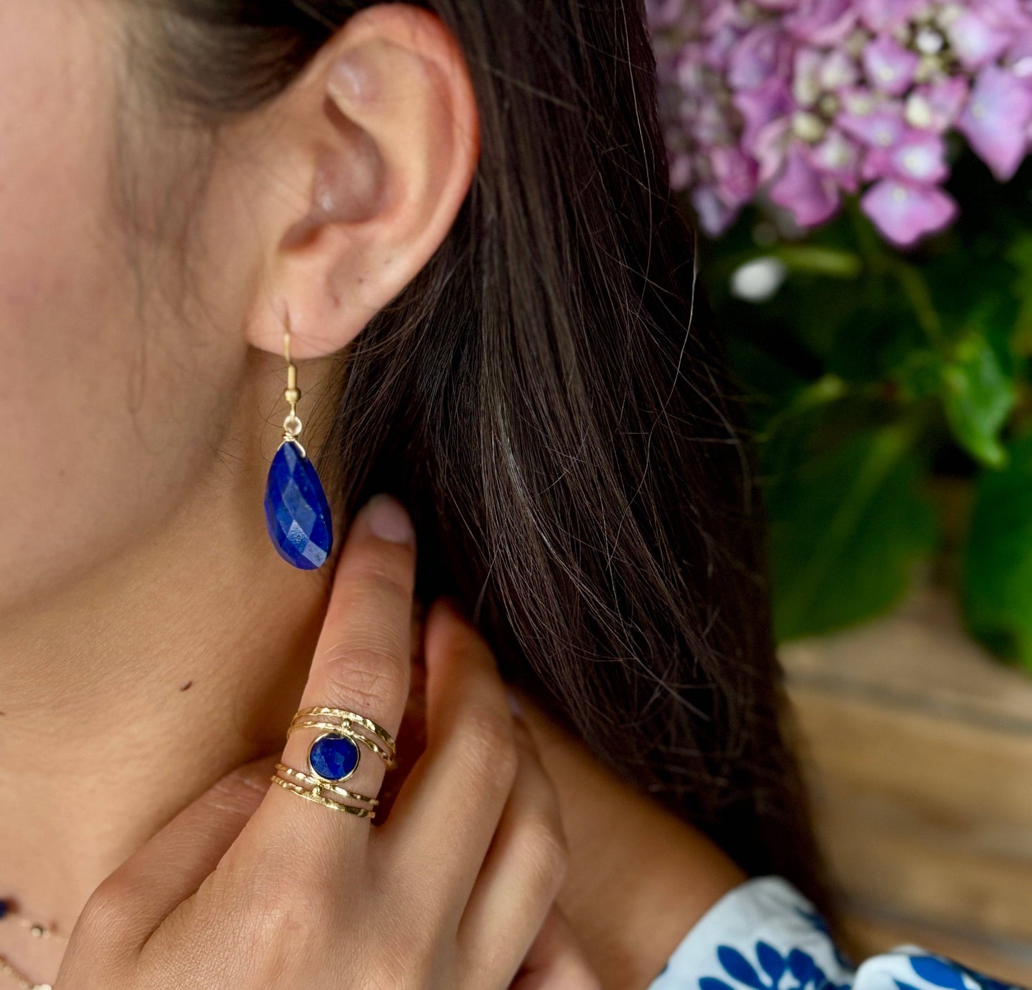 18ct Gold Plated Adjustable Nature Stone Double Band Ring  : Lapis Lazuli