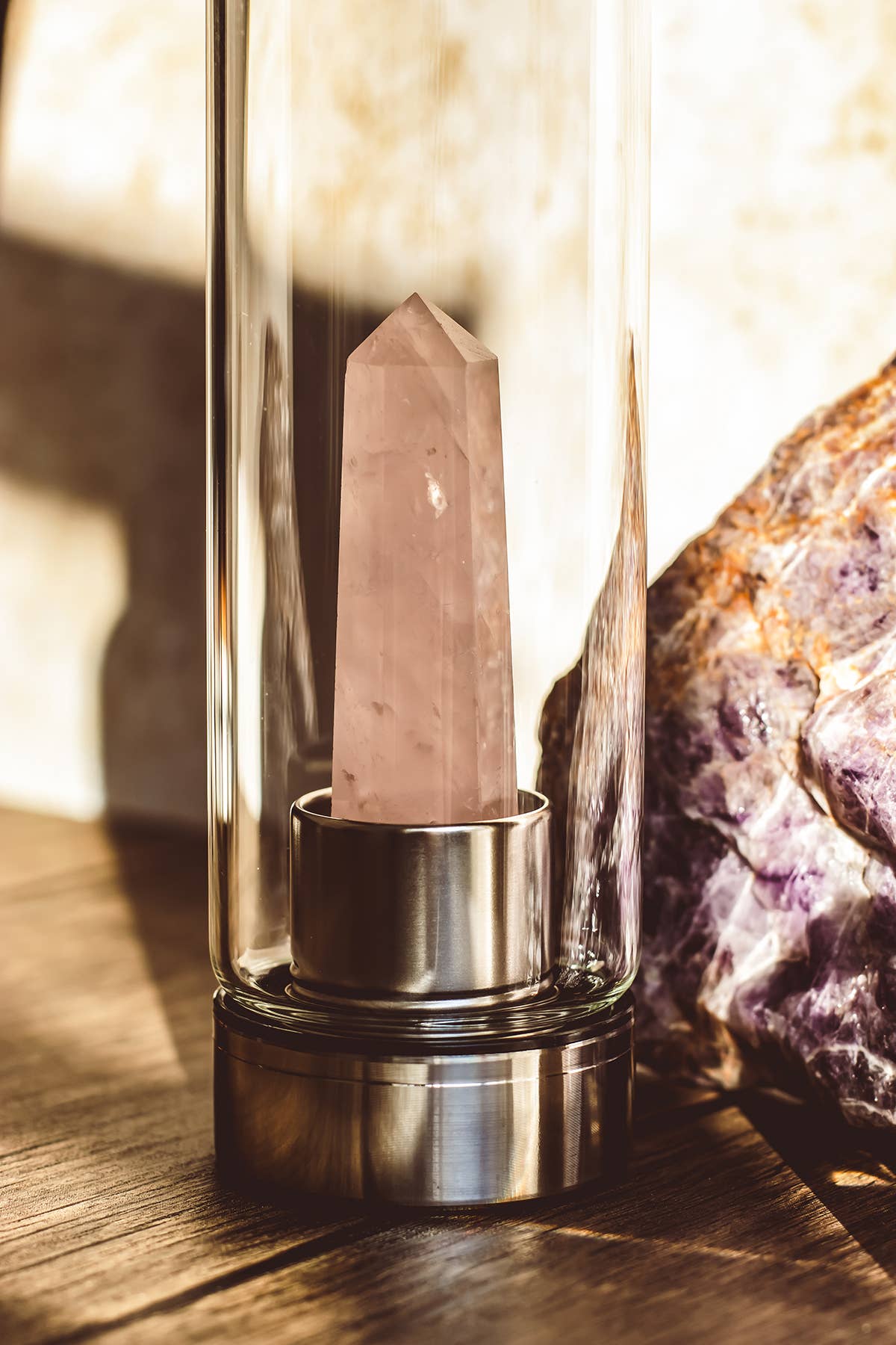 Crystal Infused Glass Water Bottle, Rose Quartz, Love & Calm