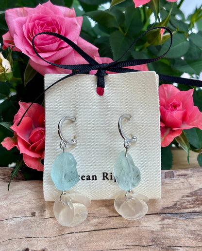Silver Aquamarine Shell Disc Drop Earrings  