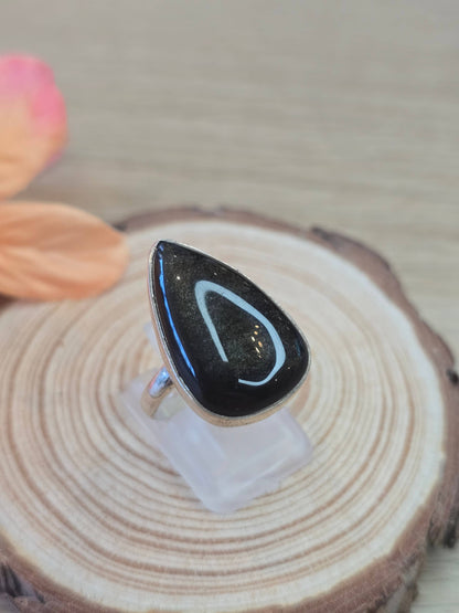 Silver Sheen Obsidian Sterling Silver Ring - 5.9g - UK N