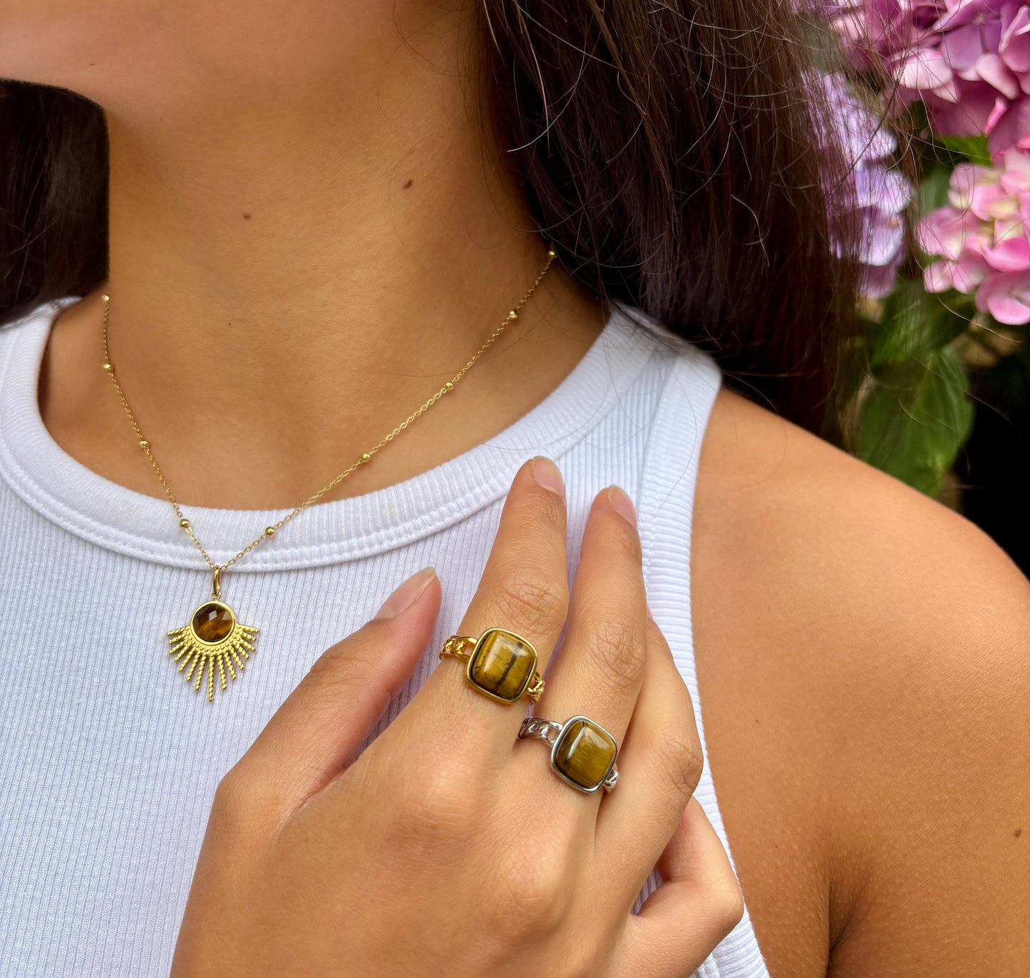 18ct Gold Plated Square Tiger's Eye Ring - Available In Silver: Gold