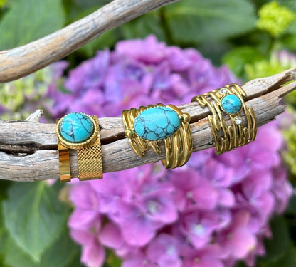 18ct Gold Plated Turquoise Cubic Zirconia Multi Band Ring 